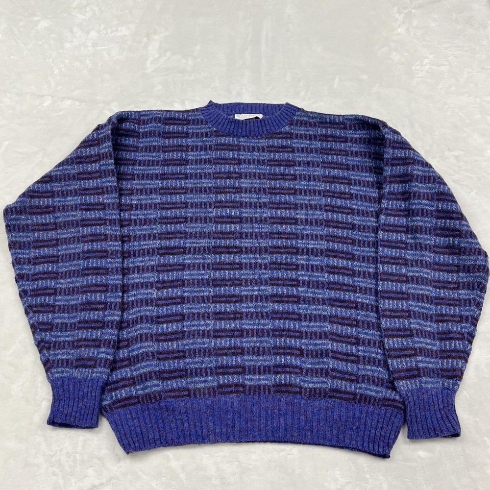 Prego Crewneck Sweater Mens Large Blue Purple Geometric Shetland Wool USA Made